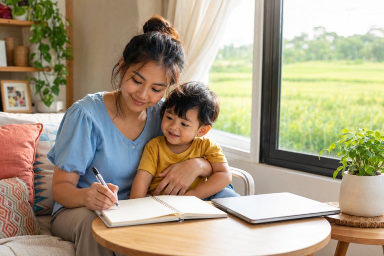 Aspiring virtual assistant mother holding her young son while writing career ideas in a notebook beside a laptop.
