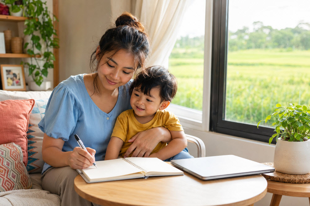 Aspiring virtual assistant mother holding her young son while writing career ideas in a notebook beside a laptop.