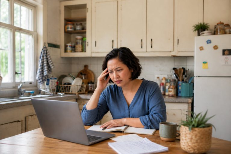 Aspiring virtual assistant with short hair looking confused while learning to work online from her laptop at the kitchen table.