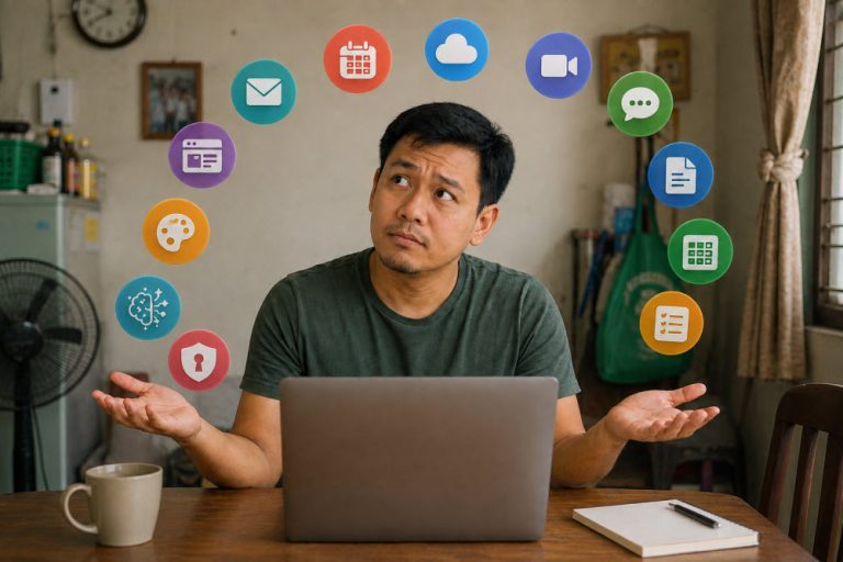 Beginner virtual assistant looking confused while choosing between different digital tools displayed around his laptop.