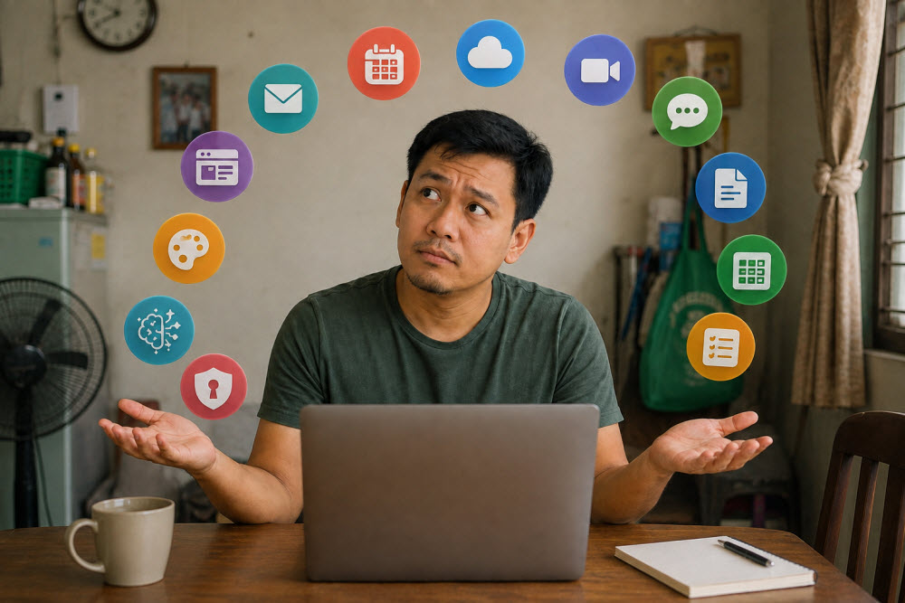 Beginner virtual assistant looking confused while choosing between different digital tools displayed around his laptop.