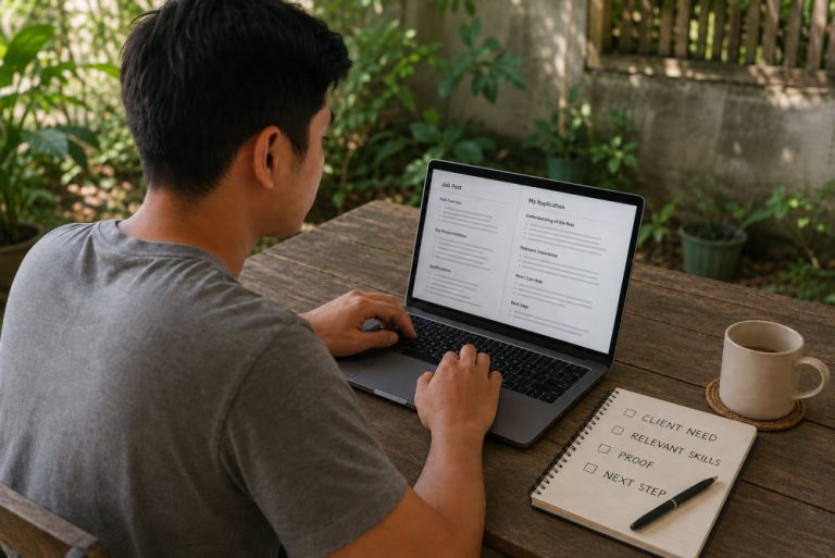 Virtual assistant writing a client-focused job application on a laptop at an outdoor workspace.