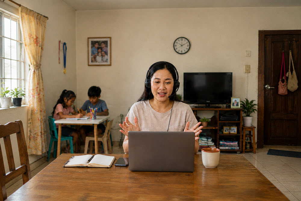 Virtual assistant wearing a headset during an online meeting while her children study in the background at home.