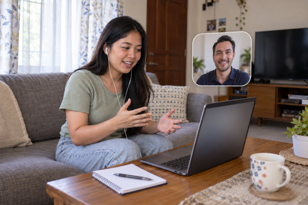 Young Filipina virtual assistant speaking with a client represented in a video-call bubble while working from her living room.
