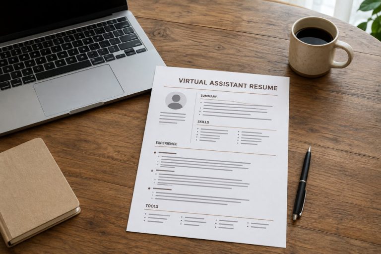Beginner virtual assistant resume displayed on a wooden table beside a laptop and notebook.