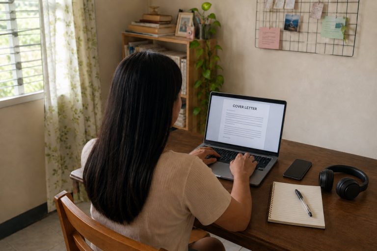 Filipina aspiring virtual assistant writing a cover letter on her laptop at a home workspace.