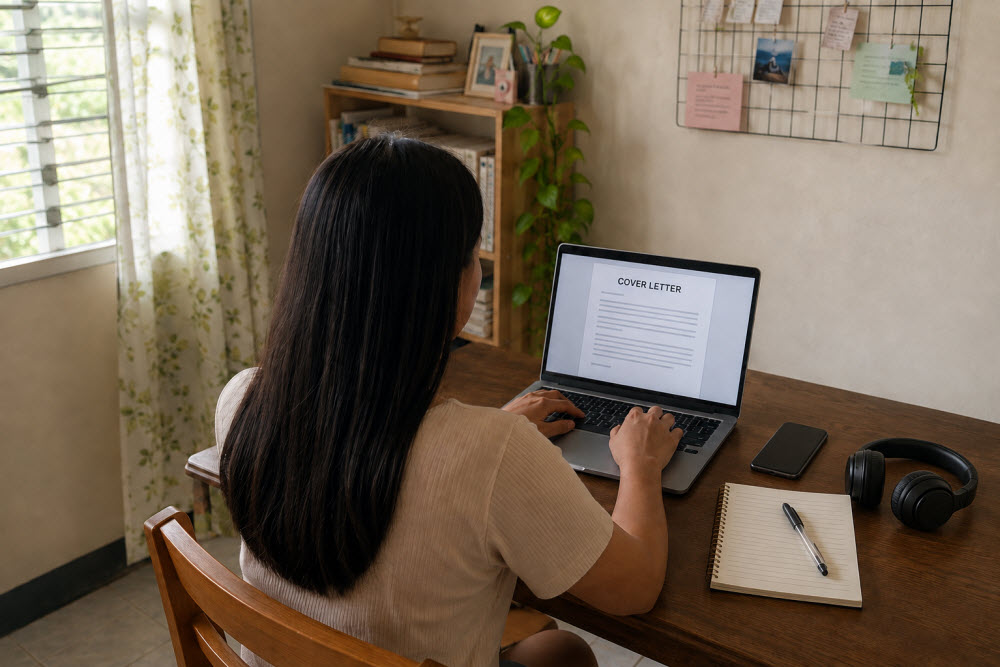 Filipina aspiring virtual assistant writing a cover letter on her laptop at a home workspace.
