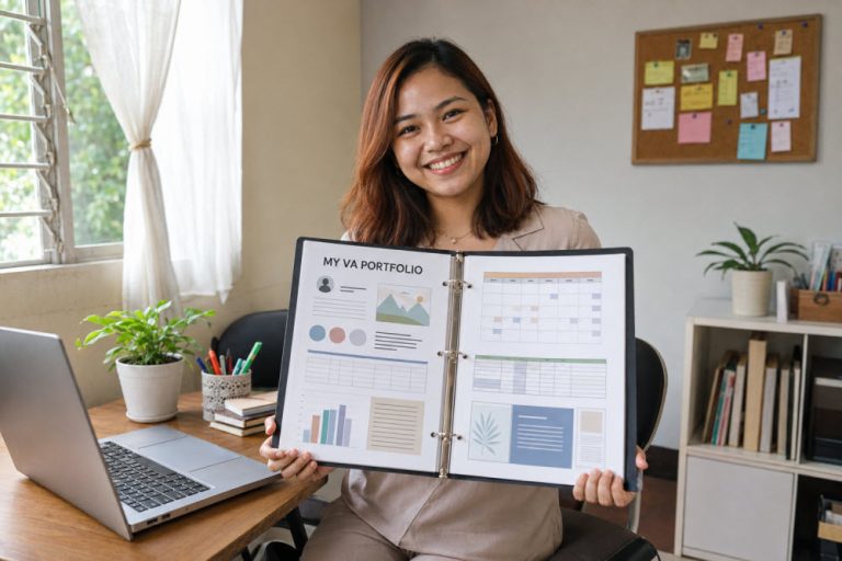 Young Filipina virtual assistant proudly showing her beginner VA portfolio while working from home.