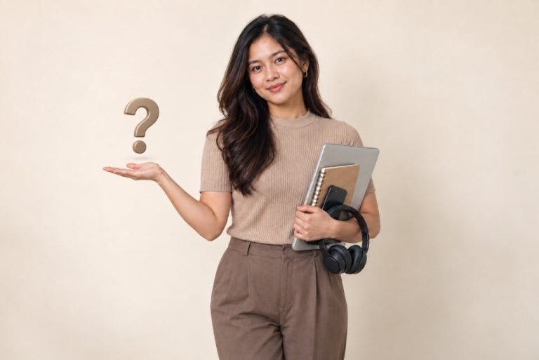 Woman holding virtual assistant tools with a question mark above her open palm, representing the choice between general and specialized VA work.