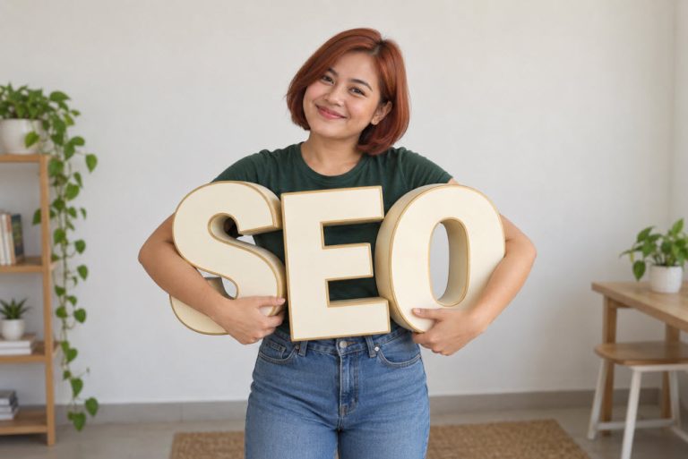 Short-haired Filipina SEO virtual assistant in jeans and a green shirt hugging large SEO letters.