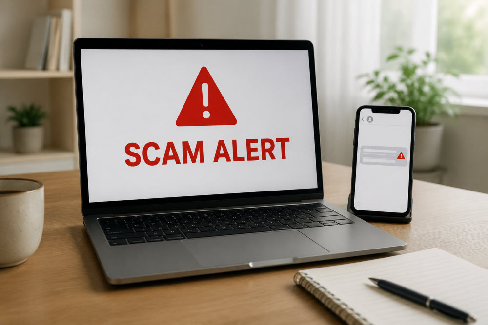 Laptop displaying a scam alert beside a smartphone showing a suspicious job message.