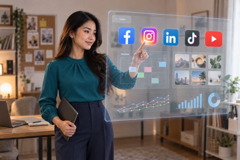 Filipina social media virtual assistant in a teal blouse managing multiple platforms through a transparent touchscreen.