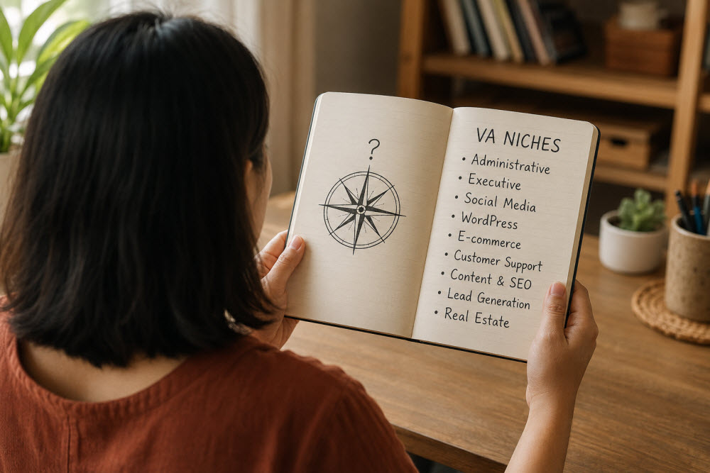 Person choosing a virtual assistant niche from a handwritten list in an open notebook.