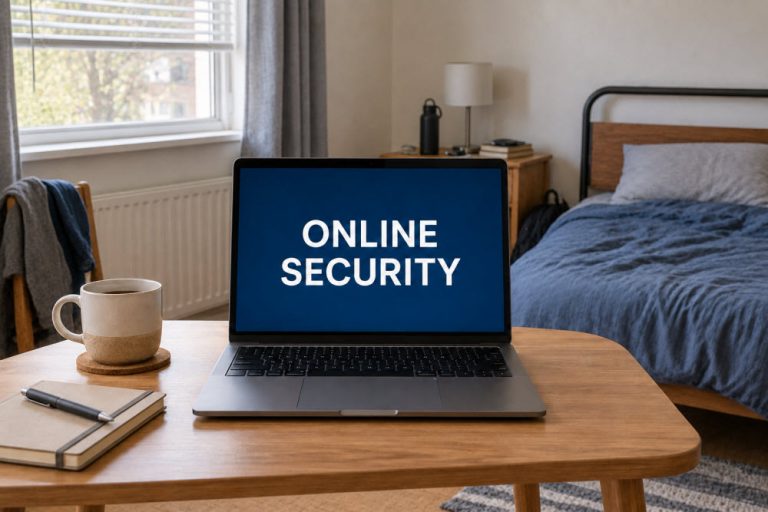 Laptop displaying “Online Security” on a table inside a simple, everyday bedroom.