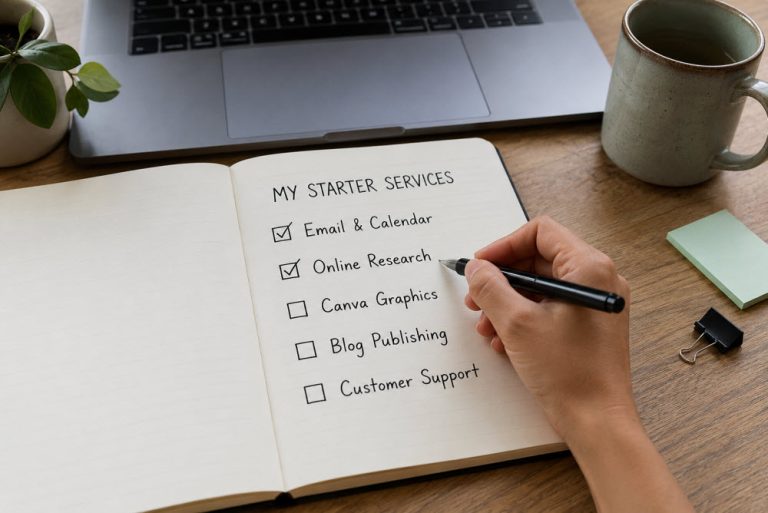 Hand checking a notebook list of beginner virtual assistant services at a home desk.