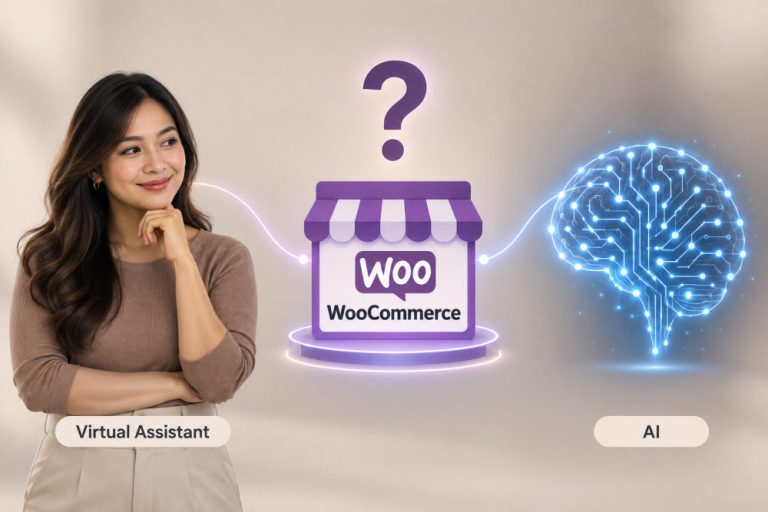 Virtual assistant and AI shown on opposite sides of WooCommerce, representing which option an online store should use