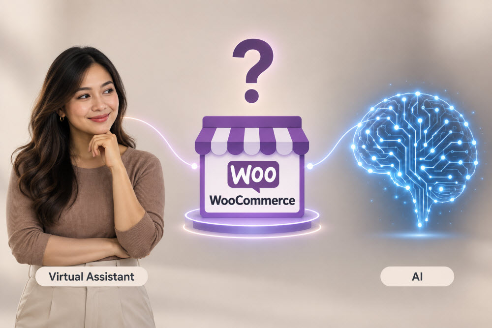Virtual assistant and AI shown on opposite sides of WooCommerce, representing which option an online store should use