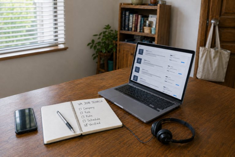 Laptop displaying remote job listings beside a VA job-search verification checklist, cellphone, and headset.