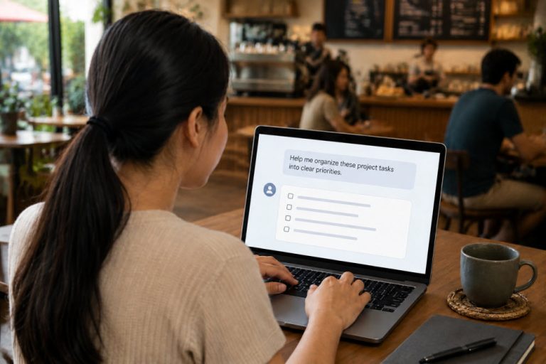 Virtual assistant using an AI chat prompt on her laptop while working in a coffee shop.