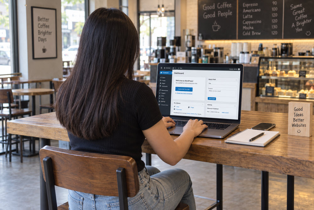 Virtual assistant working on the WordPress dashboard from her laptop while seated at a bar-style table in a coffee shop.